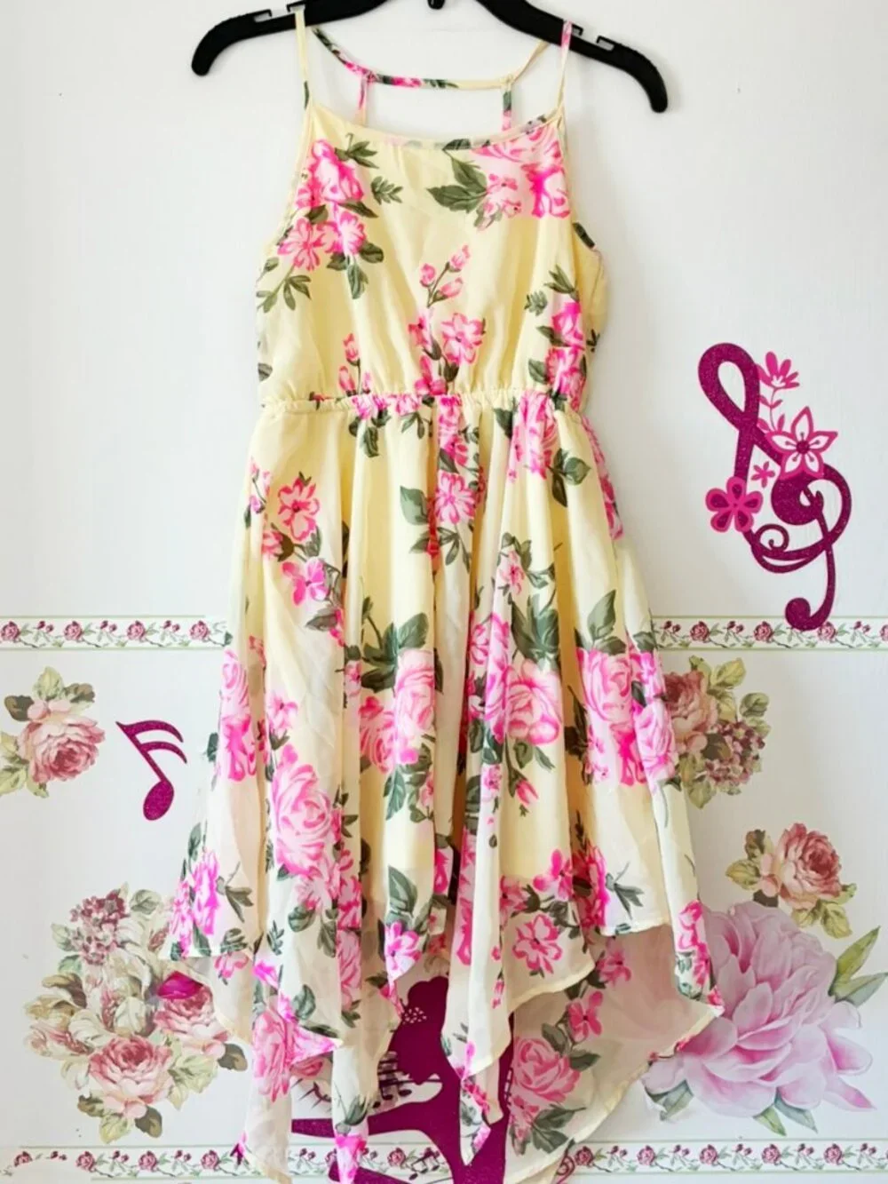 Children's Place Yellow Pink Flower Floral Girls Flared Asymmetry Dress 7 8 - Picture 2 of 9